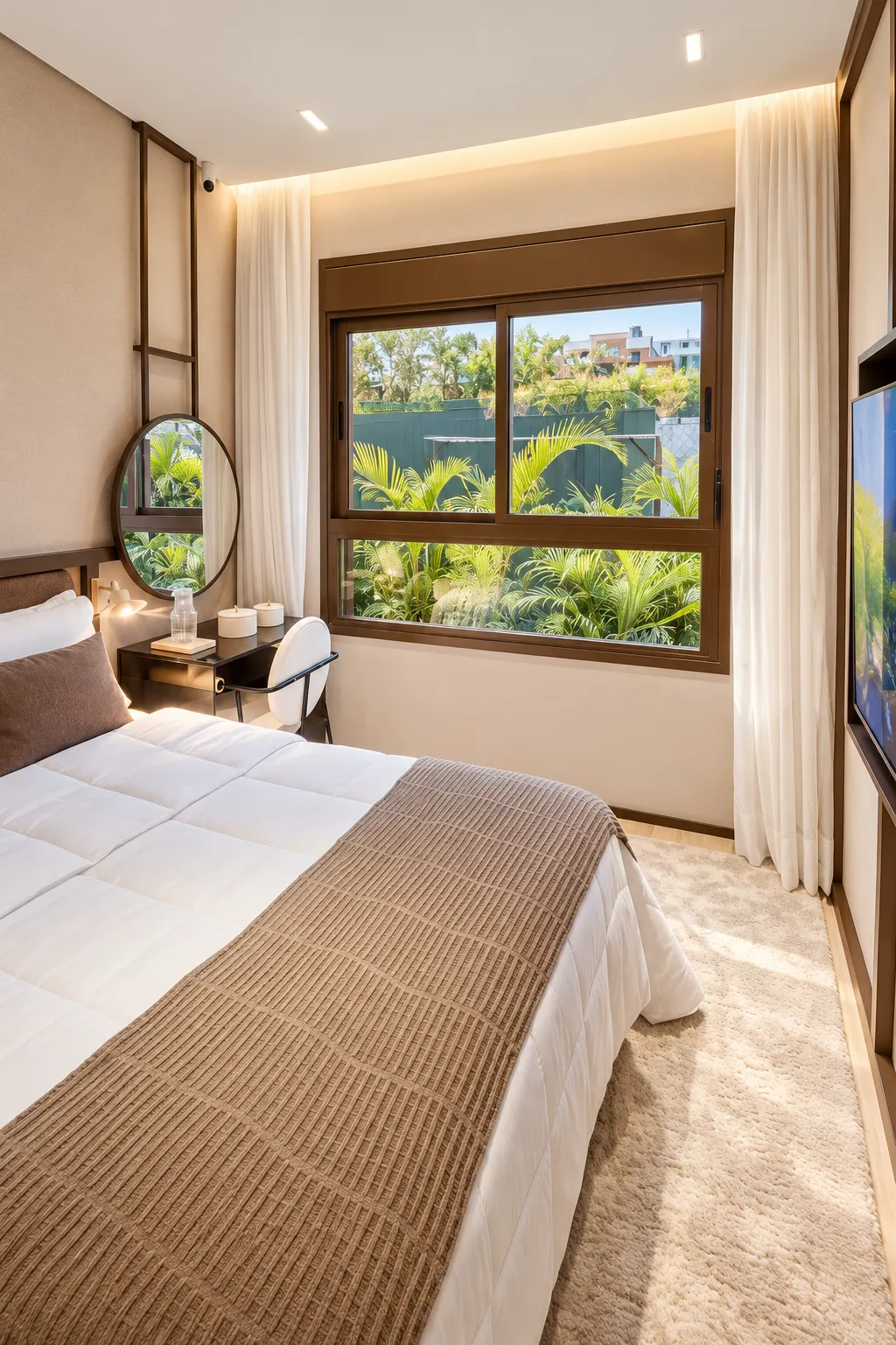 Quarto de casal com janela larga e painéis de vidro até abaixo da altura do peitoril