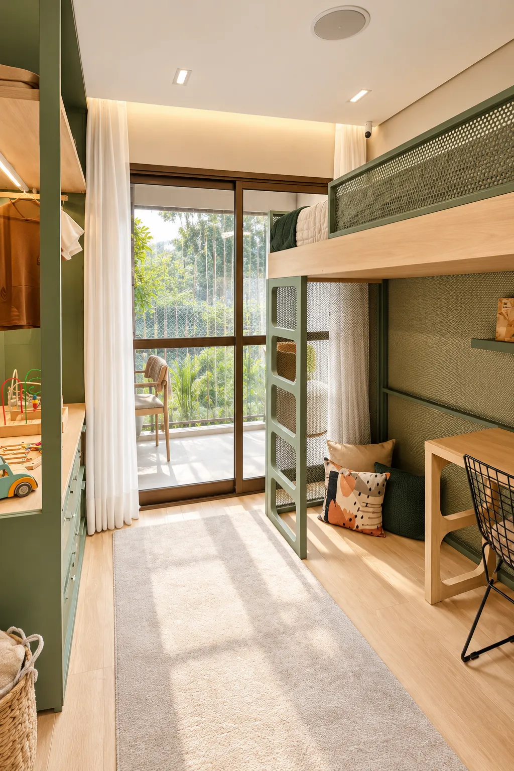 Quarto de solteiro com porta-balcão de vidro voltada à varanda