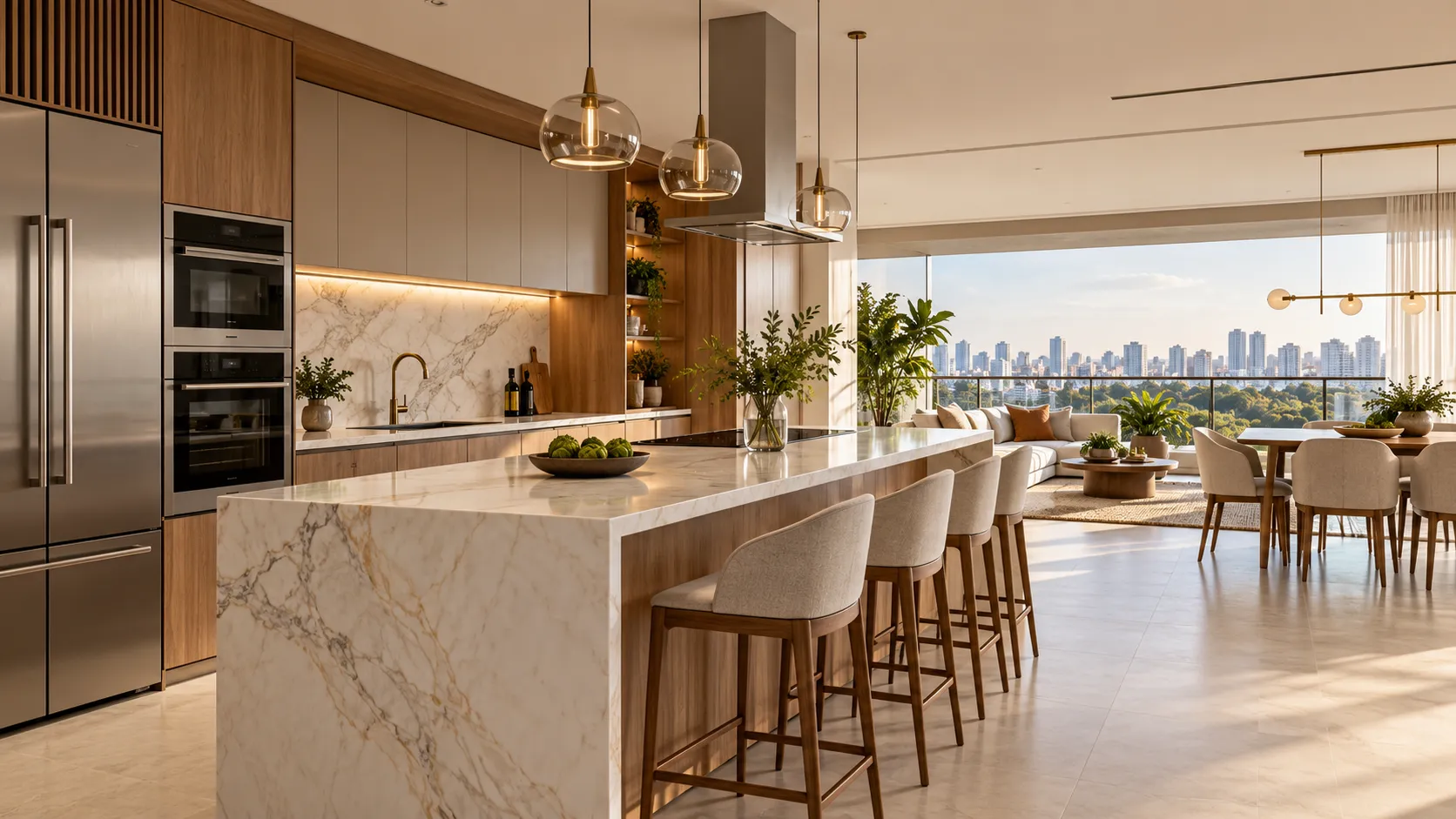 Cozinha contemporânea integrada à sala, com bancada em mármore e vista urbana